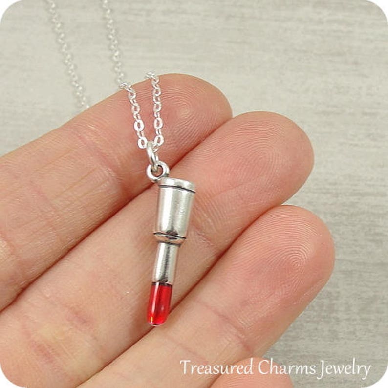 Red Lipstick Necklace Sterling Silver Lipstick Charm on a Etsy