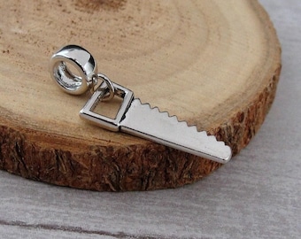 Hand Saw European Charm, Silver Hand Saw Dangle Charm, Carpentry Charm, Handyman Charm, Tool Charm, Large Hole Bead, Gift for Handyman