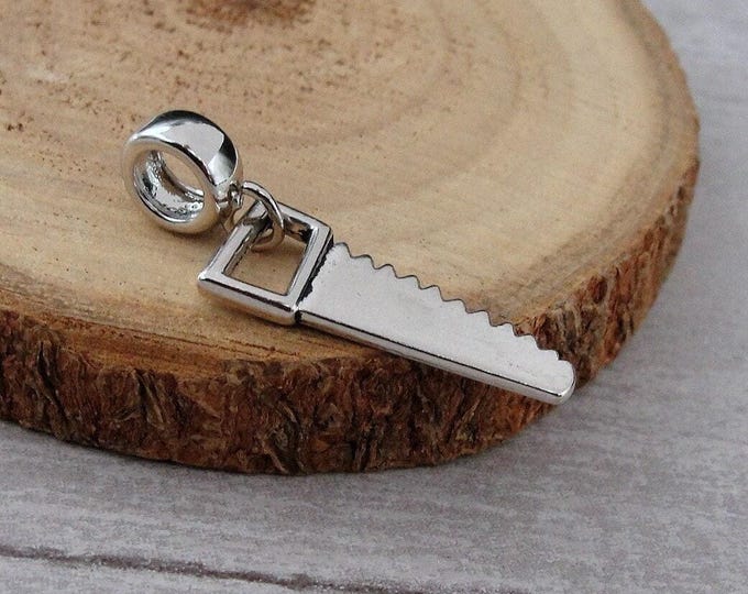 Hand Saw European Charm, Silver Hand Saw Dangle Charm, Carpentry Charm, Handyman Charm, Tool Charm, Large Hole Bead, Gift for Handyman