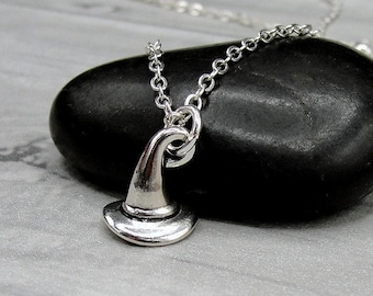 Silver Witches Hat Necklace, Tiny Witch Hat Charm Necklace, Wizard Hat Charm Necklace, Halloween Themed Necklace, 3D Witch Hat Charm Jewelry