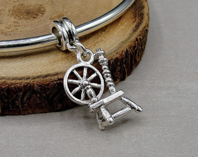 Silver Spinning Wheel European Dangle Charm Seamstress Charm, Sewing Charm, Bracelet Charm, Large Hole Bead, Big Hole Bead, Seamstress Gift