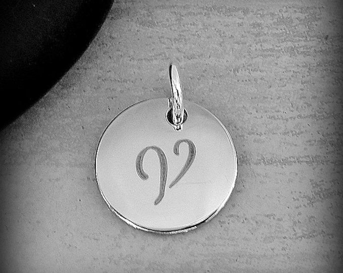 Stainless Steel Letter V Charm, Silver Engraved Letter V Round Disc Initial Charm, Cursive V Charm, Engraved Alphabet Script Font Pendant