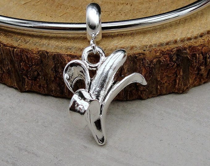 Banana European Charm, Silver 3D Banana Dangle Charm, Banana Charm with Bail, Fruit Charm, Food Charm, Snake Bracelet Charm, Large Hole Bead