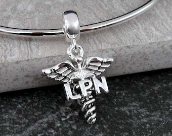 Silver LPN Caduceus Dangle Charm, LPN Nurse Symbol Charm, Licensed Practical Nurse Charm, Nurse Dangle Charm, Large Hole Bead, Nurse Gift