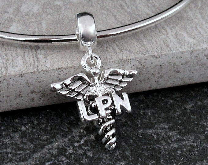 Silver LPN Caduceus Dangle Charm, LPN Nurse Symbol Charm, Licensed Practical Nurse Charm, Nurse Dangle Charm, Large Hole Bead, Nurse Gift