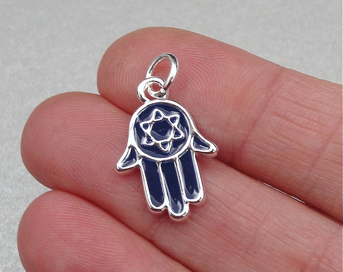 Blue Hamsa Charm, Silver and Blue Hamsa with Star of David Charm for Necklace or Bracelet, Star of David Pendant, Hamsa Pendant Jewelry