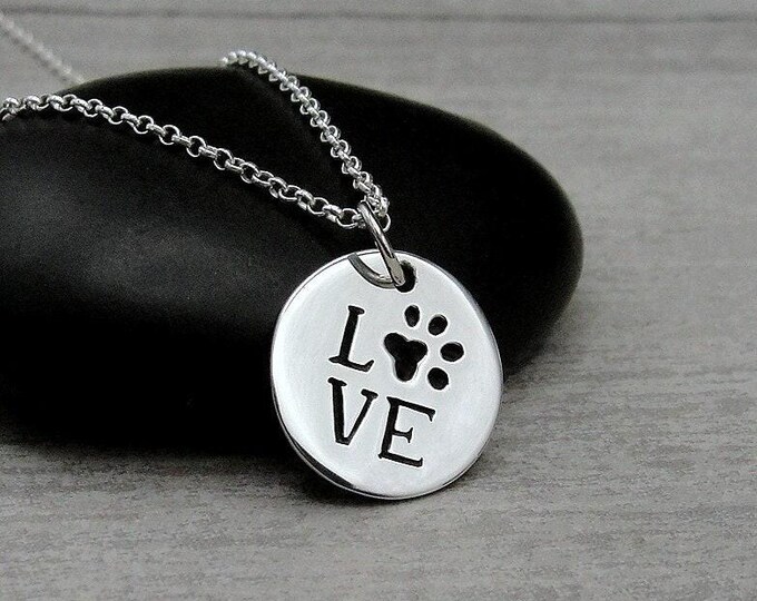 Sterling Silver Paw Print Love Necklace, Love Paw Print Charm Necklace, Cat Lover Necklace, Dog Lover Necklace, Pet Lover Jewelry