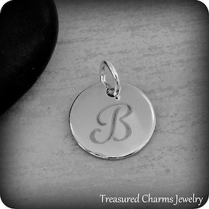 Stainless Steel Letter B Charm, Silver Engraved Letter B Round Disc Initial Charm, Cursive B Charm, Engraved Alphabet Script Font Pendant