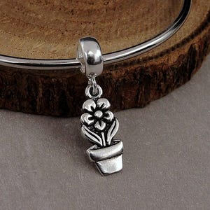 Flower Pot European Charm, Sterling Silver Spring Flowers Dangle Charm, Spring Flower Charm with Bail, Snake Bracelet Charm, Large Hole Bead