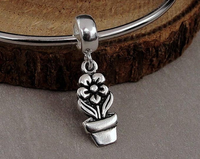 Flower Pot European Charm, Sterling Silver Spring Flowers Dangle Charm, Spring Flower Charm with Bail, Snake Bracelet Charm, Large Hole Bead