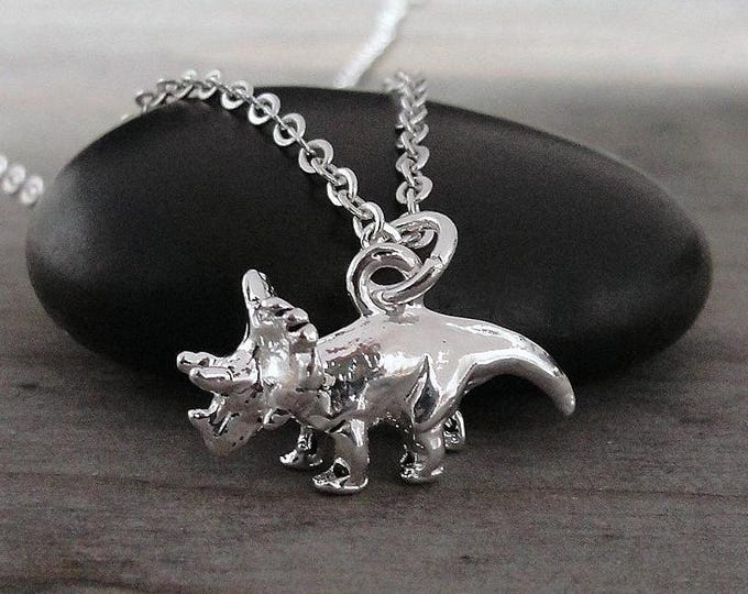 Triceratops Necklace, Silver Plated 3D Tricertops Charm Necklace, Dinosaur Charm Necklace, Prehistoric Charm, Tricertops Gift, Dinosaur Gift