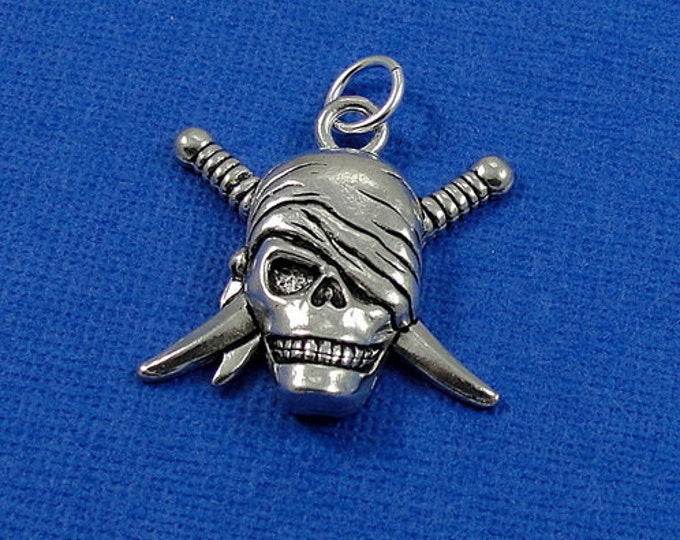 Pirate Skull with Crossed Swords  Charm - Silver Plated Pirate Skull Charm for Necklace or Bracelet