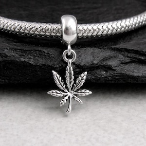 925 Sterling Silver Marijuana Leaf Dangle Bead Charm, Cannabis European Charm, Tiny Pot Leaf Charm, Bracelet Charm, Large Hole Bead