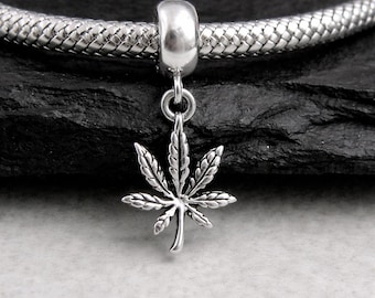 925 Sterling Silver Marijuana Leaf Dangle Bead Charm, Cannabis European Charm, Tiny Pot Leaf Charm, Bracelet Charm, Large Hole Bead