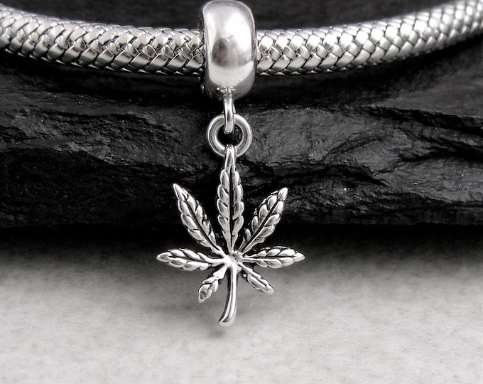 925 Sterling Silver Marijuana Leaf Dangle Bead Charm, Cannabis European Charm, Tiny Pot Leaf Charm, Bracelet Charm, Large Hole Bead