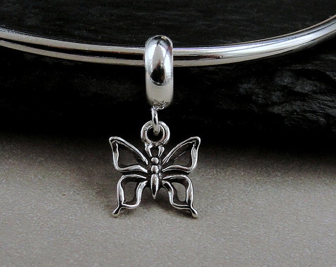 Sterling Silver Butterfly Dangle Bead Charm, Tiny Butterfly European Charm, Bracelet Charm, Large Hole Bead, Big Hole Bead, Butterfly Gift