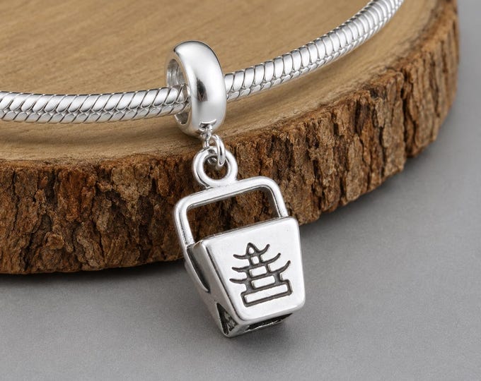 Sterling Silver 3D Chinese Takeout Box Dangle Charm, Chinese Food Charm, Take Out Box Charm, Fits European Bracelets, Foodie Jewelry