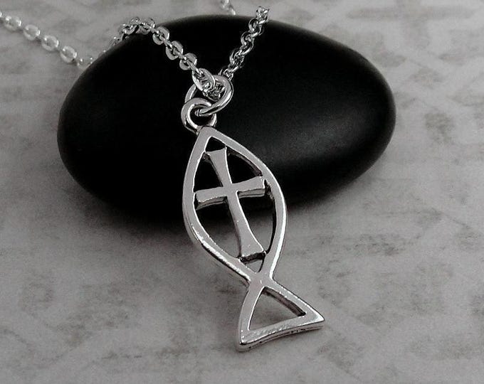 Silver Christian Fish with Cross Necklace, Jesus Fish Necklace, Ichthus Fish Charm, Religious Necklace, Fish Cross Necklace, Church Necklace