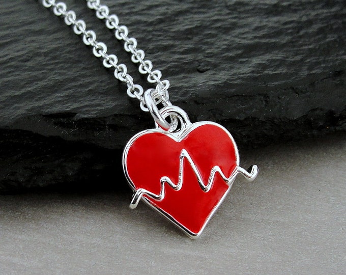 Heartbeat Necklace, Silver and Red Heartbeat Charm Necklace, Doctor Necklace, Nurse Necklace, EKG Heartbeat Charm Necklace, Gift for Nurse