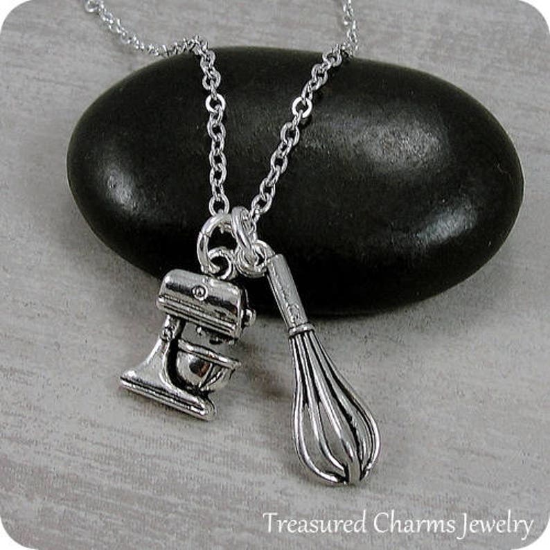 Bakers Kitchen Mixer and Whisk Necklace, Silver Baking Charms on a Silver Cable Chain image 1