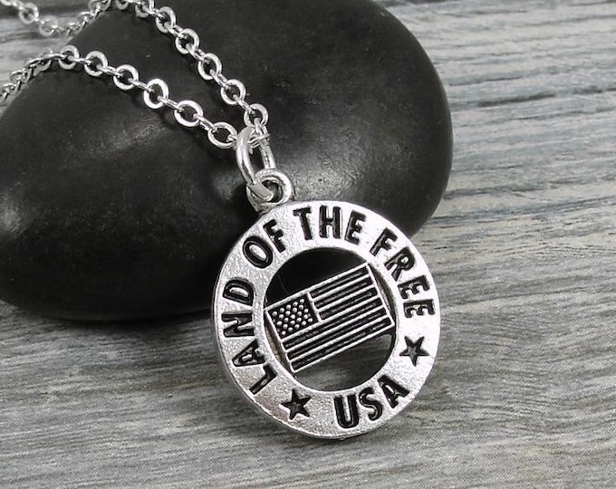 Patriotic USA Necklace, Silver Land of the Free - Home of the Brave Necklace, National Anthem Charm Necklace, Military Veteran Charm