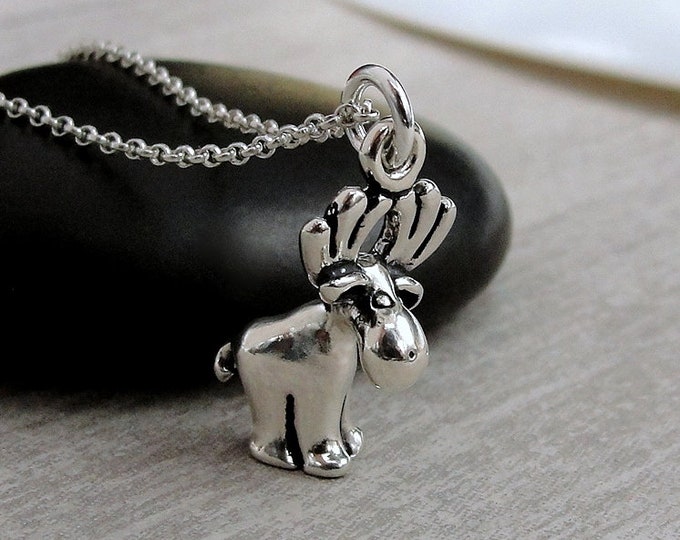 Moose Necklace, 925 Sterling Silver Moose Charm Necklace, 3D Moose Pendant, Elk Charm Necklace, Caribou Charm Necklace, Moose Gift Jewelry