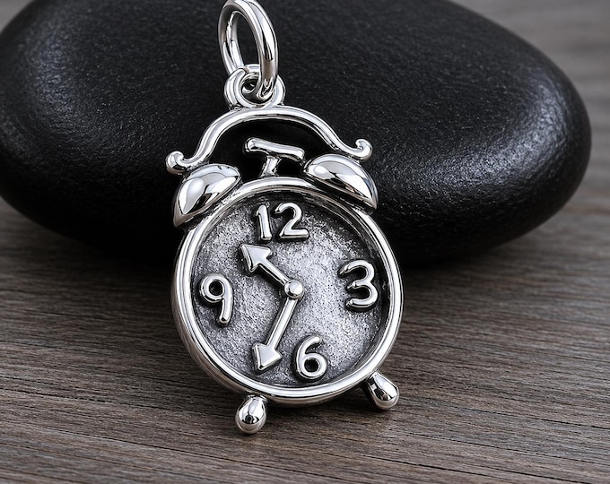 Sterling Silver 3D Alarm Clock Charm, Retro Clock Pendant, Old Fashioned Clock Timepiece Charm