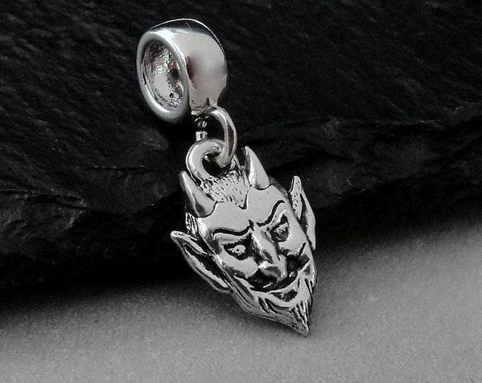 Devil European Charm, Silver Devil Face Dangle Charm, Satan Charm with Bail, Halloween Dangle Charm, Halloween Large Hole Bead