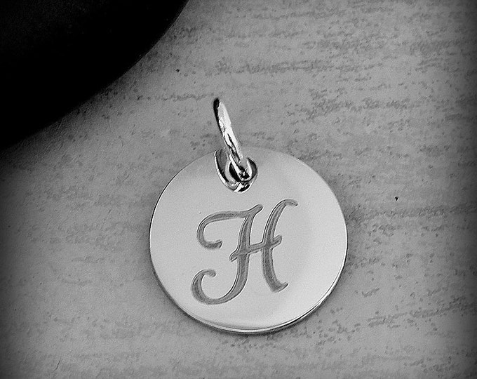 Stainless Steel Letter H Charm, Silver Engraved Letter H Round Disc Initial Charm, Cursive H Charm, Engraved Alphabet Script Font Pendant