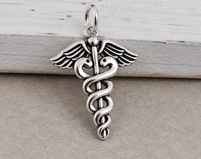Medical Caduceus Charm, 925 Sterling Silver Caduceus Charm for Necklace or Bracelet, Medical Symbol Charm, Caduceus Necklace, Gift for Nurse