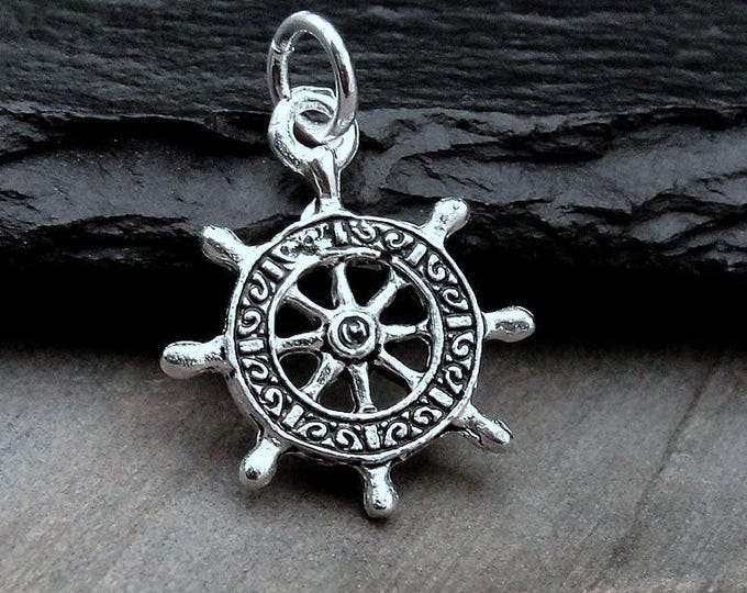 Ship Wheel Charm, Silver Captain's Wheel Charm for Necklace or Bracelet, Ship Helm Charm, Ship Captain Charm, Ship Charm, Nautical Charm