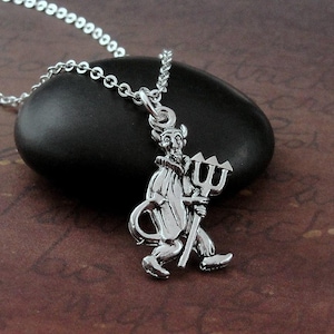 Devil Necklace, Silver Plated Devil with Pitchfork Charm Necklace, Satan Charm Necklace, Halloween Charm, Halloween Jewelry
