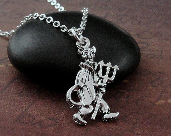Devil Necklace, Silver Plated Devil with Pitchfork Charm Necklace, Satan Charm Necklace, Halloween Charm, Halloween Jewelry