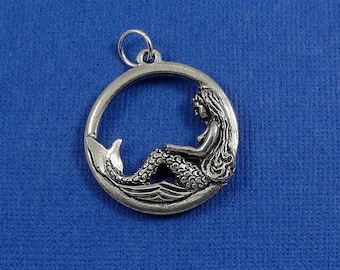Mermaid Disc Charm - Silver Mermaid Charm for Necklace or Bracelet