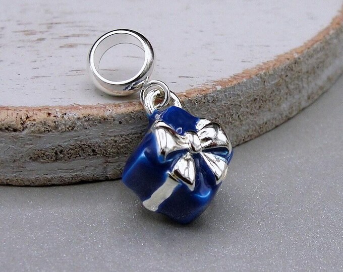 Blue Wrapped Gift European Dangle Bead Charm - Silver and Blue Wrapped Christmas Gift Charm for European Bracelet