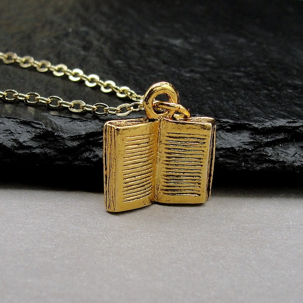 Open Book Necklace, Gold Book Charm Necklace, Literacy Necklace, Librarian or Teacher Necklace, Love to Read Necklace, Gift for Teacher