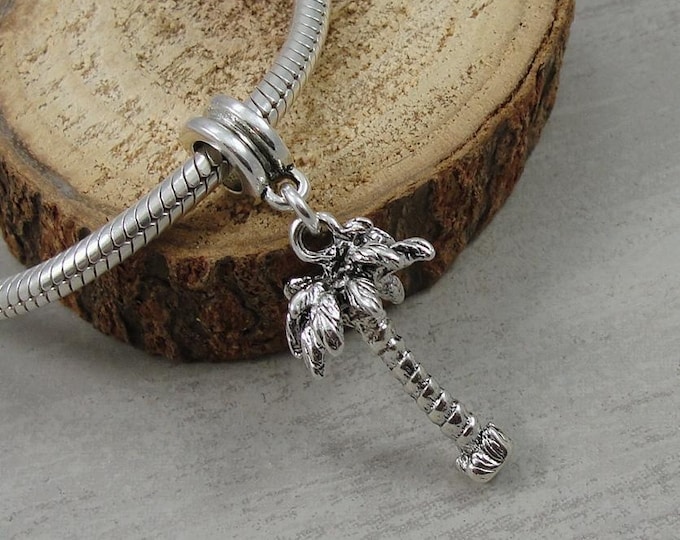 Silver 3D Palm Tree European Charm, Palm Tree Dangle Charm, Large Hole Bead, Tropical Hawaiian Tree Charm with bail fits European Bracelets