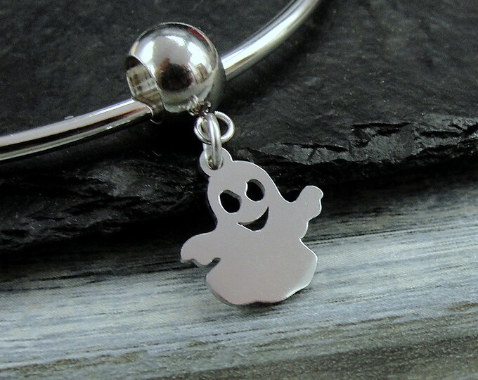 Stainless Steel Ghost European Dangle Bead Charm, Silver Ghost Charm, Halloween Ghoul Charm, Spooky Charm, Big Hole Bead, Large Hole Bead