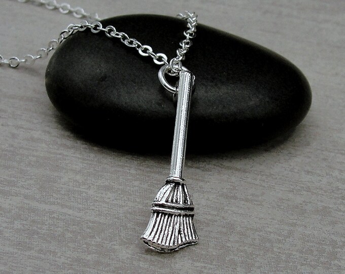 Witch's Broom Necklace, Silver Plated Witch Broom Charm Necklace, Halloween Necklace, Halloween Charm, Witch Charm, Witch Gift Jewelry