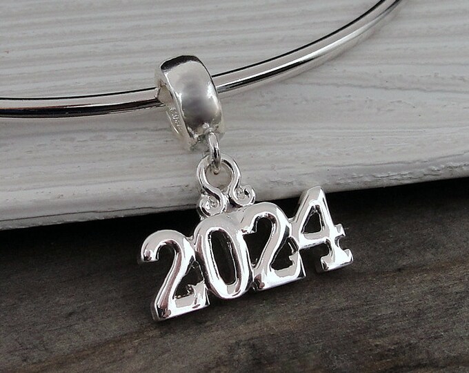 Silver 2024 European Charm, 2024 Year Dangle Charm, Class of 2024 Charm, 2024 Bracelet Charm, 2024 Necklace Charm, Graduation Gift Jewelry