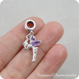 Fairy Pixie European Dangle Bead Charm - Silver Fairy with Purple Wings Charm for European Bracelet