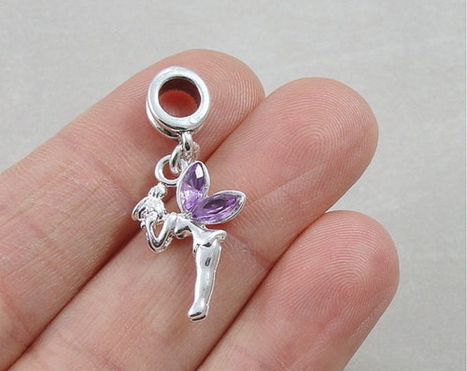 Fairy Pixie European Dangle Bead Charm - Silver Fairy with Purple Wings Charm for European Bracelet