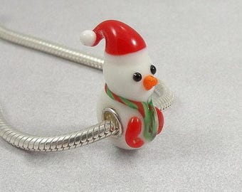 Snowman Large Hole Lampwork Glass Bead - 925 Sterling Silver European Bead Charm