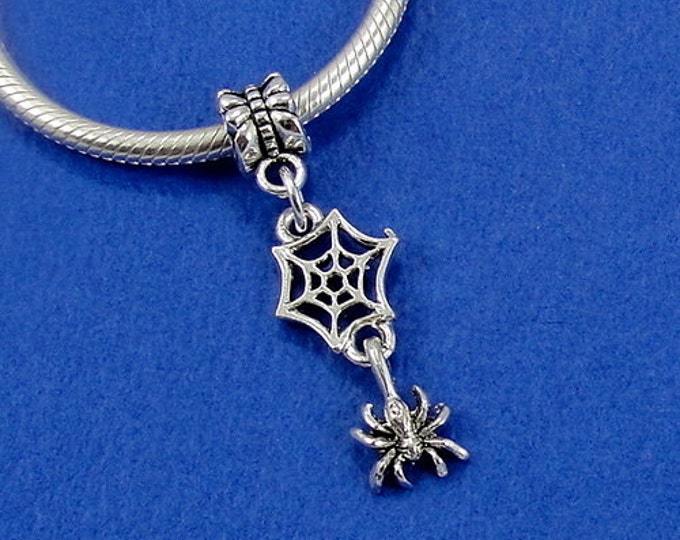 Spider on Web European Dangle Bead Charm - Silver Spider Web Charm for European Bracelet