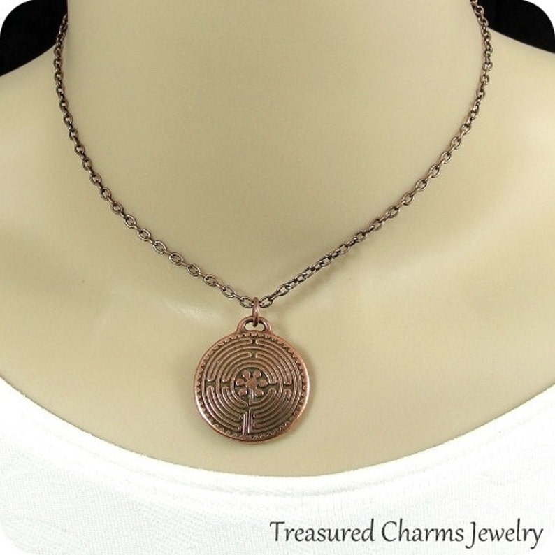 Labyrinth Necklace Antique Copper Labyrinth Charm Necklace on Etsy