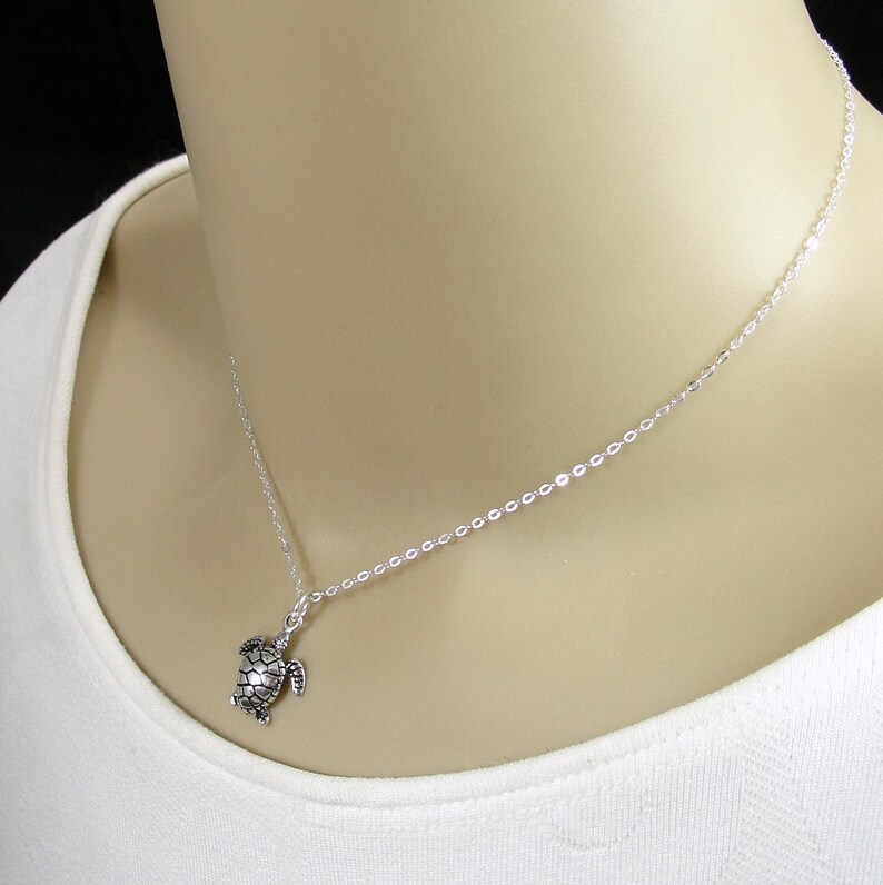 Sea Turtle Necklace, 925 Sterling Silver Sea Turtle Charm on a Silver Cable Chain, Sea Turtle Gift, Sea Turtle Jewelry, Ocean Beach Jewelry image 2