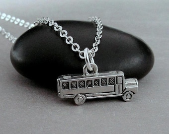 School Bus Necklace, Silver 3D School Bus Charm Necklace, Bus Driver Charm Necklace, School Charm, Back to School Gift, Bus Driver Gift