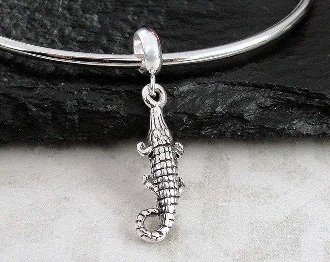 925 Sterling Silver Alligator European Charm, Crocodile Dangle Charm, Gator Charm with Bail, Reptile Charm, Bracelet Charm, Large Hole Bead