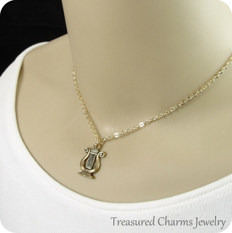 Gold Lyre Charm Necklace Lyre Necklace Greek Lyre Jewelry Sorority Necklace Ancient Harp Necklace Sorority Gift Musical Lyre Charm