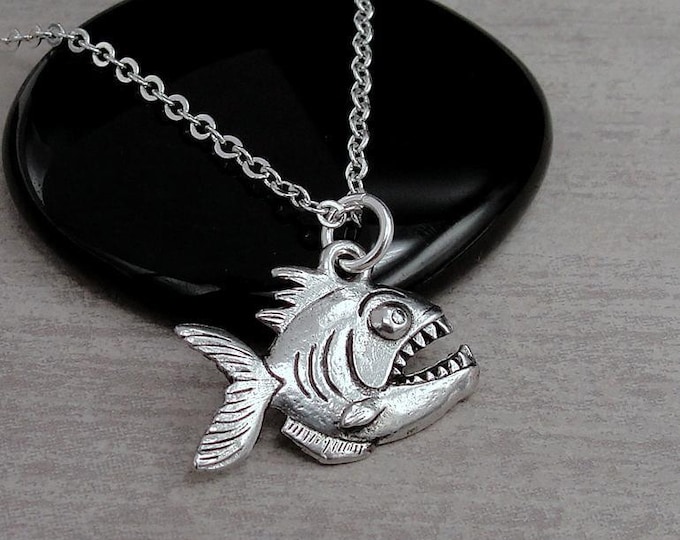 Piranha Necklace, Silver Plated Piranha Charm Necklace, Piranha Pendant, Fish Charm, Piranha Gift, Piranha Jewelry